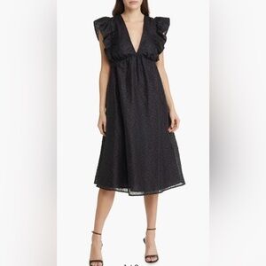 Chelsea 28 Ruffle Cap Sleeve Organza Midi‎ Dress Large Black